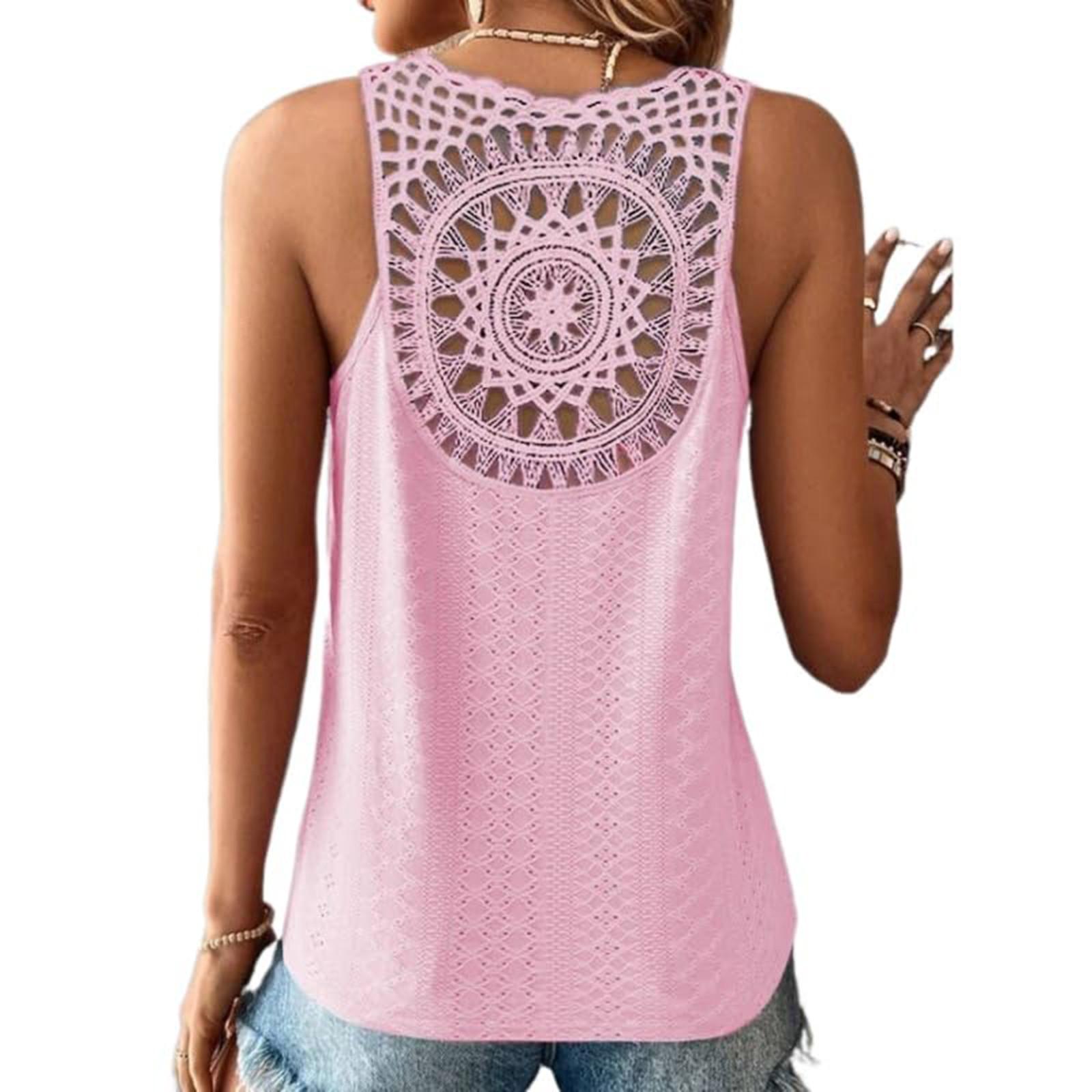 

Женская модная повседневная однотонная кружевная футболка без рукавов с открытой спиной, топ M розовый