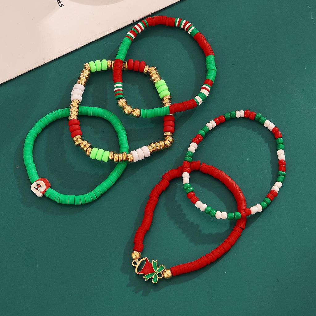 Christmas Reindeer Bell Alloy Bracelet Set with Colorful Polymer Clay for Women
