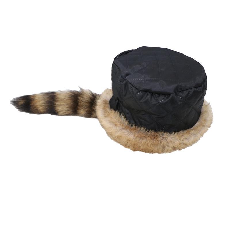 Women's Striped Raccoon Tail Faux Fur Hat - Fluffy, Warm, Ear Protection for Autumn/Winter