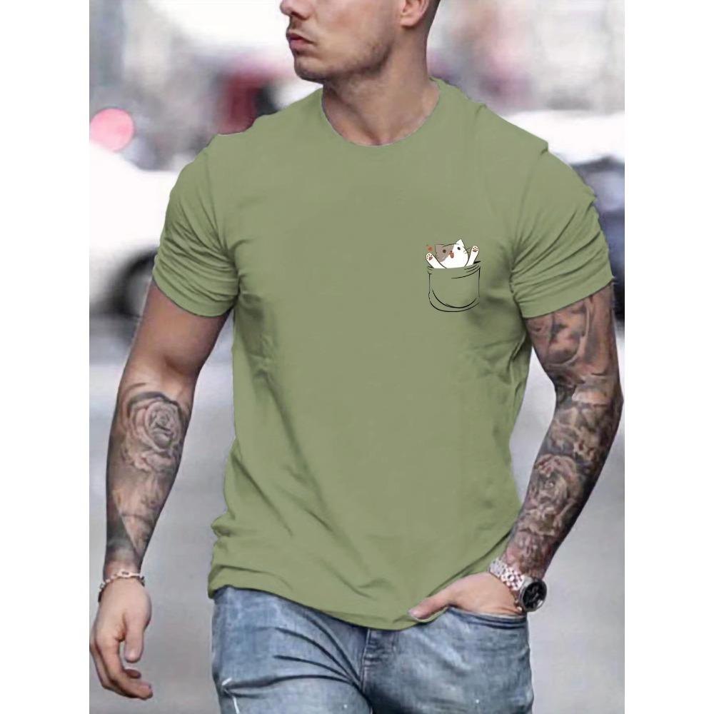 Pánské tričko s potiskem vzoru Kočka v kapse, Grafické tričko, Pánské letní oblečení, Pánské outfity