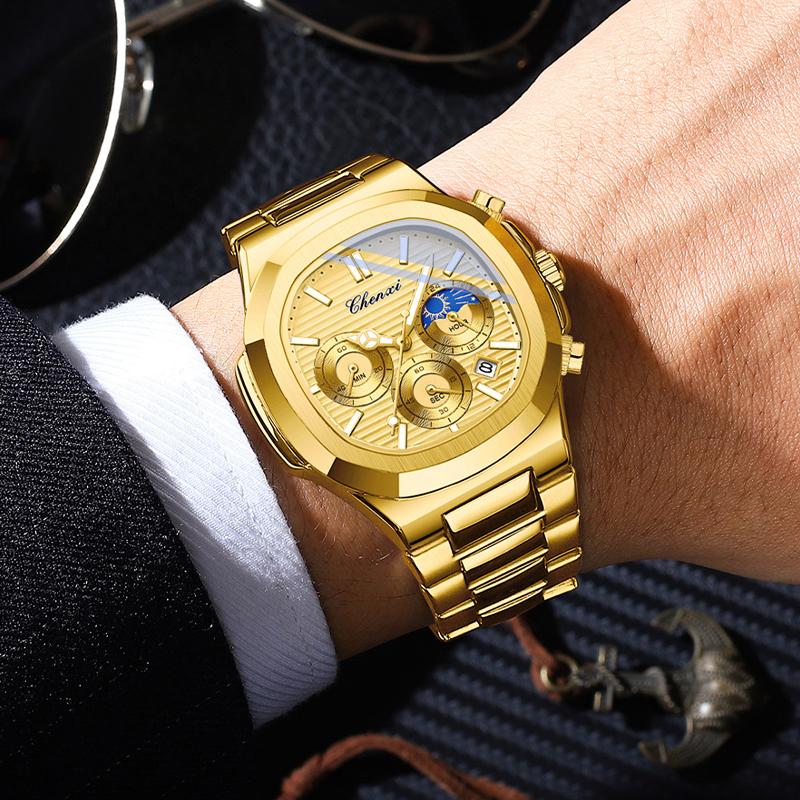 2025 Luxury Watch Men Business Fashion Waterproof Stainless Steel Chronograph Moon Phase Quartz Wristwatch Male Clock