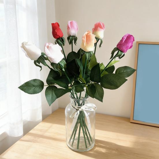 Künstliche Rosenknospen mit langem Stiel 45 cm Kunstseide Realistische Rose mit Blättern für DIY-Sträuße Hochzeitsfeier