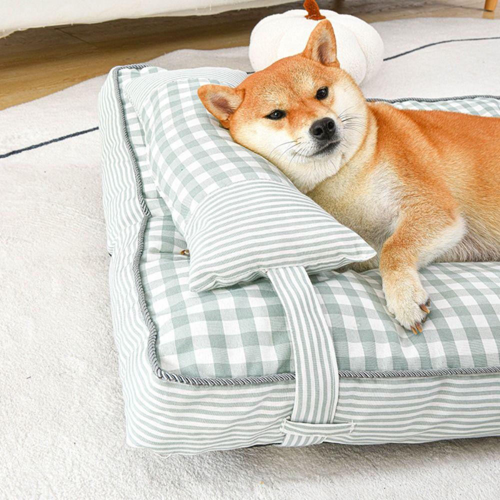 Washable Plaid Dog Bed with Pillow Comfortable Removable Thickened Dog Sofa Mats Soft Cloth/PP Cotton Dog Deep Sleeping Cushion