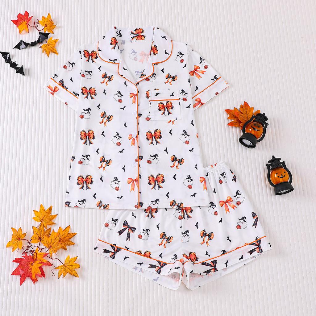 Ladies Pajamas Halloween Printed Lapel Short Sleeve Shorts Loungewear Set