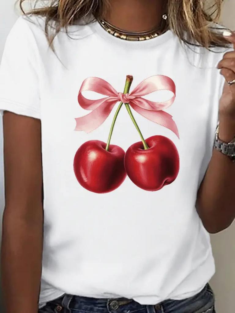 Cherry Print Womens Tshirt Women Loose Comfortable Tee Red Cherries Graphic Daily Streetwear Fashion Soft Top T Shirt
