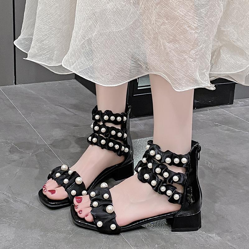 Mote Sandaler med middels hæl Sommer Ny Firkantet tå Snøring Perlebesatt Veske med Glidelås bak Sklisikre Slitesterke Firkantede hæler