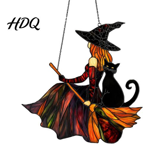 Colorful Window Decoration Vintage Halloween Cat Witch Decoration Acrylic Hanging Ornaments Three Dimensional Decor Rustic Farmhouse Tree S