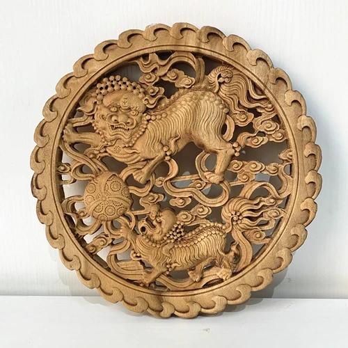 Diameter 27cm/10.8" Chinese style camphor wood carving circular decoration living room entrance background wall pendant