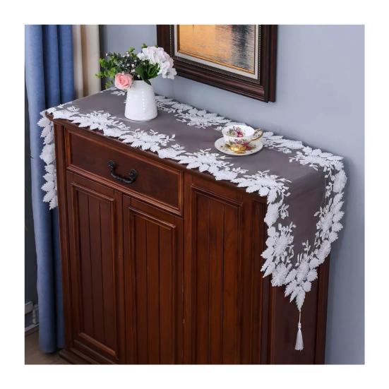Lace Table Runner with Tassels, Anti-Wrinkle Vintage Table Runner, Decorative Runner with Beaded Flower & Leaf Embroidery for Dining Coffee Table