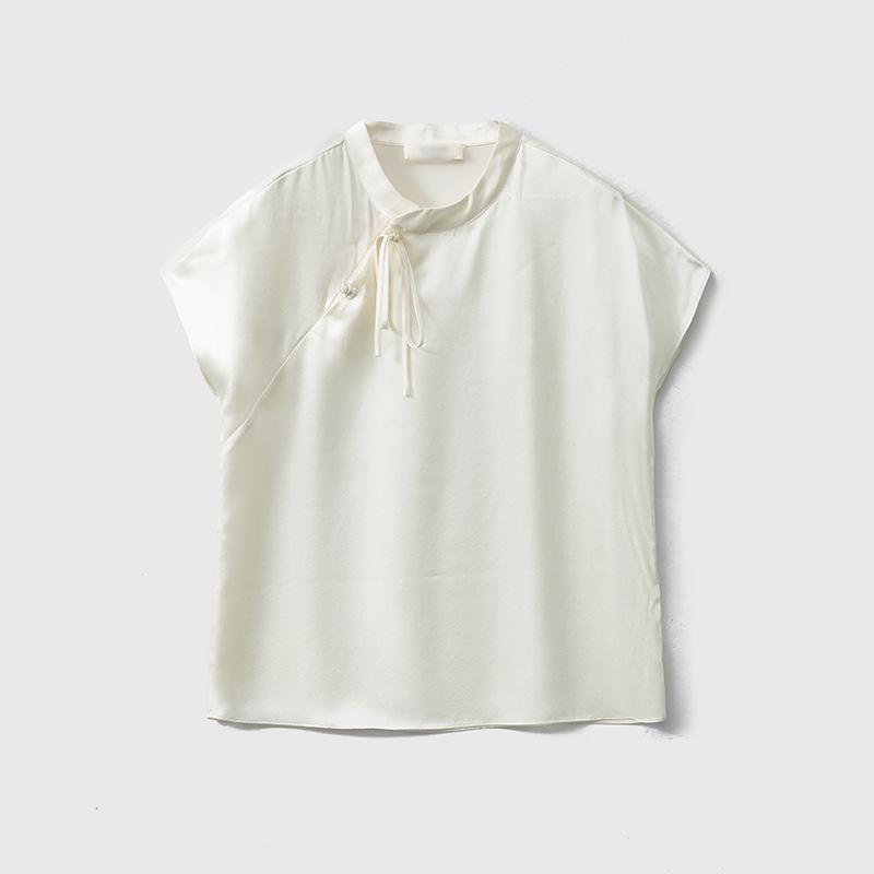 Chinese Style Silk Satin Mandarin Collar Blouse - Women's Summer Tie-Up Raglan Sleeve Top