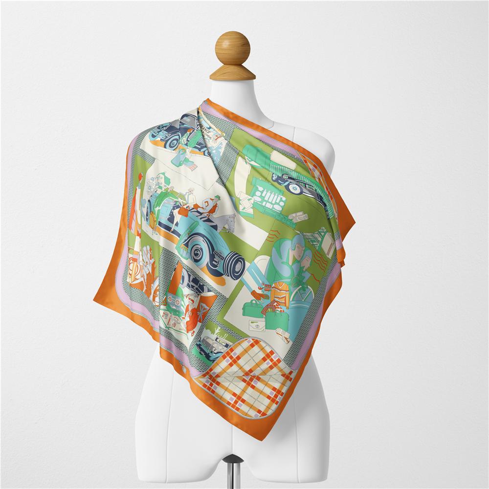 Silk Scarf Women France Car Print Square Scarves Wraps Bandana Small Hijab Foulards Lady Tie Headband Neckerchief