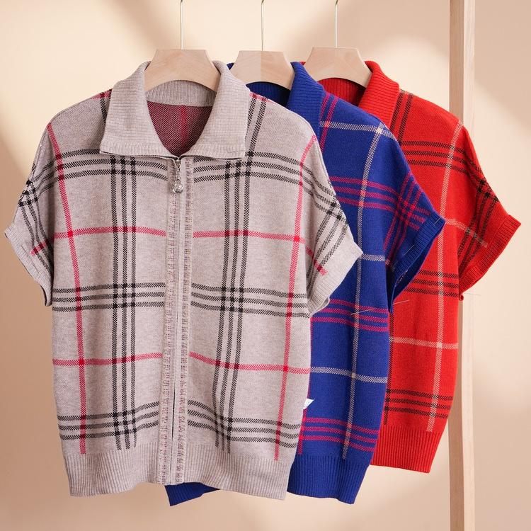 Fashionable Grandma Wear Autumn New Knitted Sweater Vest 60 Years Old 70 Mother Wear Zipper Sweater Jacket Plaid Top