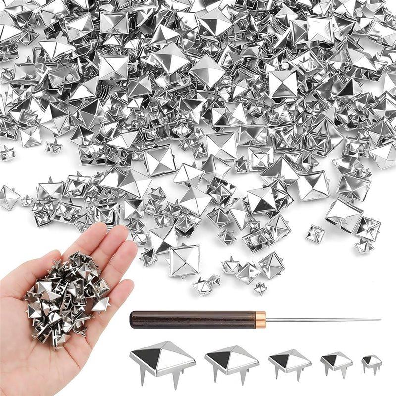 

Silver For Punk Rock Clothing Belt Bag Accessories- Square Pyramid Studs, Prong Spikes, Rivet Kit& Wooden Handle Awl(300Pcs)
