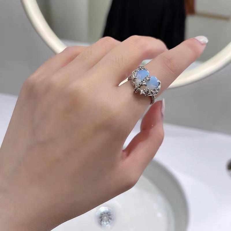 Heart Open Rings For Women Korea Geometric Crystal Moonstone Gothic Finger Ring Y2K Accessories Trendy Aesthetic Jewelry Gift