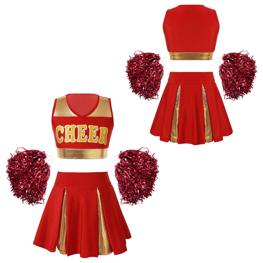 Girl's Cheerleading Uniform Fancy Dress Outfit Cosplay Halloween Costume Crop Top with Skirt and Hand Flowers