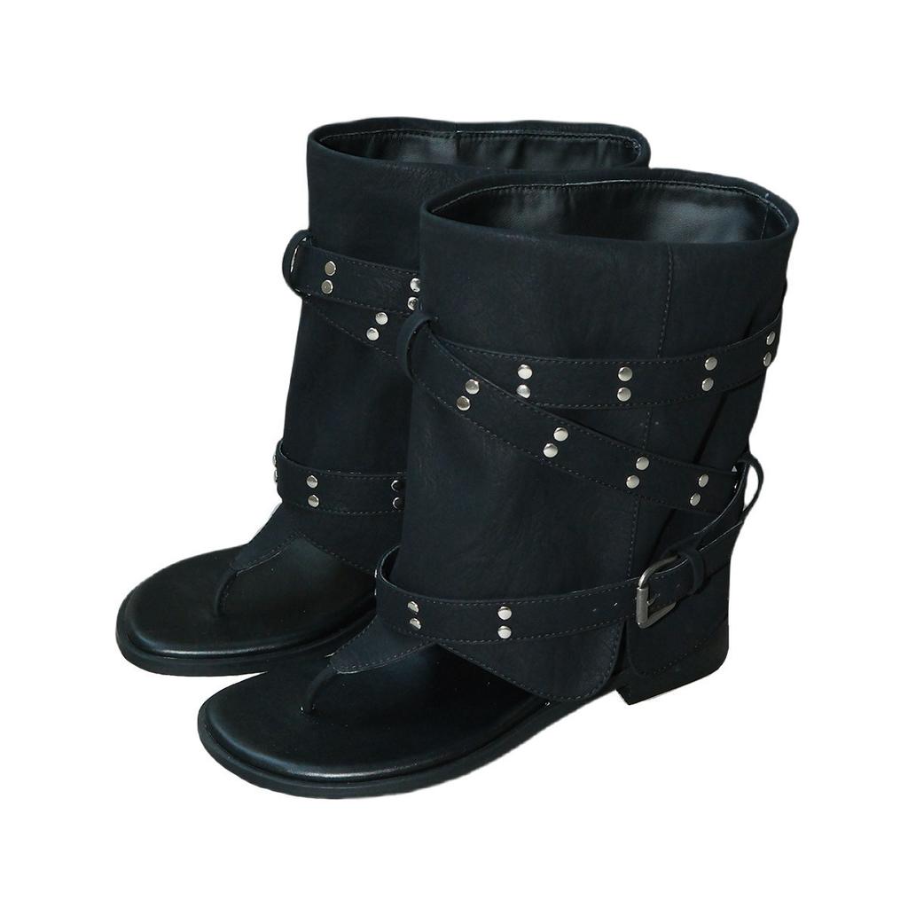 First Encounter Season Toe Sandals Black Versatile Spring And Summer Height Increase Spice Girl Round Head Pants Cool Boots Women