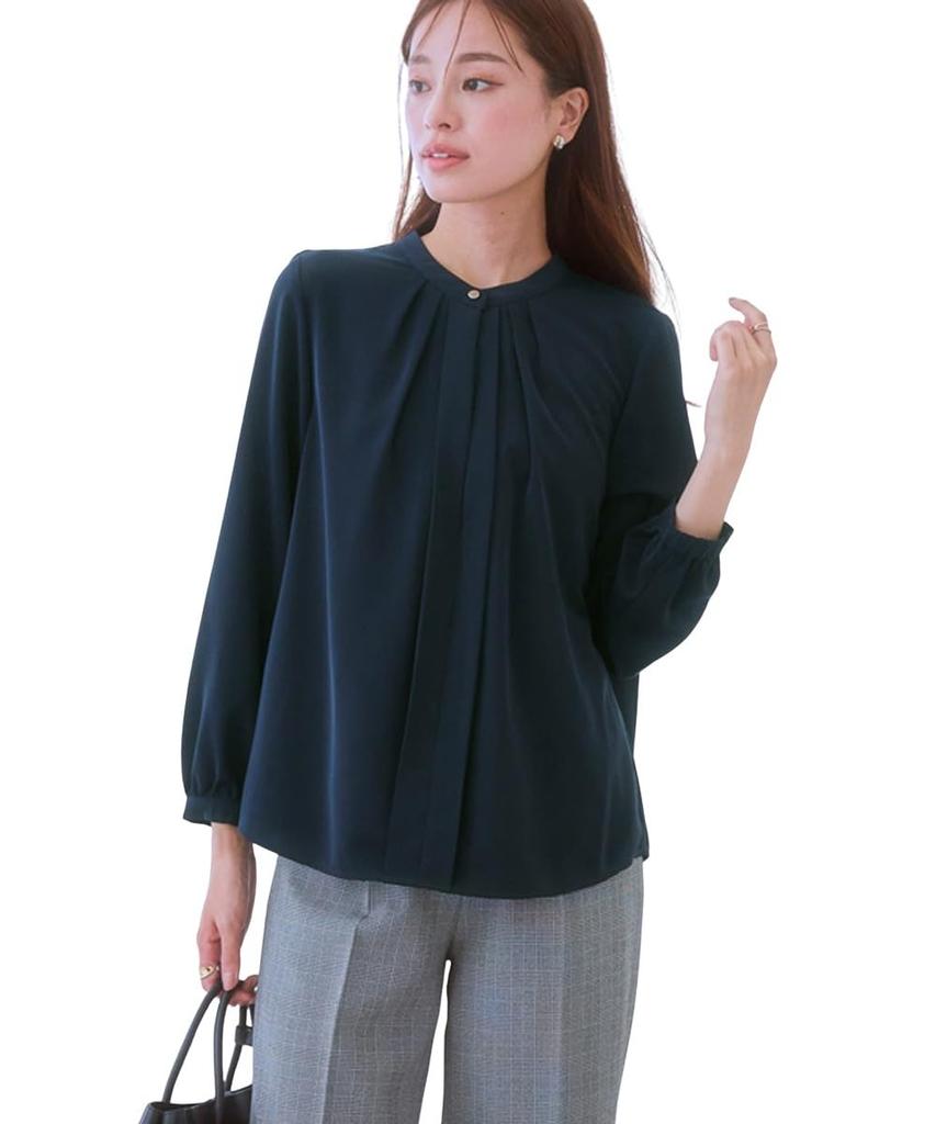 Nissen Stretch Powder Satin Tuck Front Blouse Machine UV Size M Sizes 2-Way (Wrinkle-Resistant, Quick-Drying, Washable, Protection) Navy, (Plus
