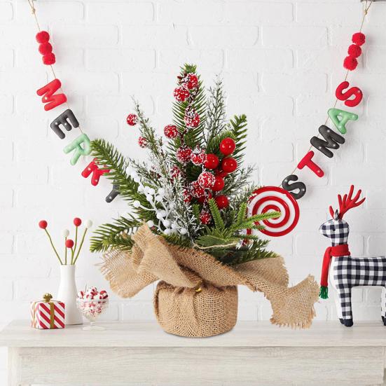 Small Christmas Artificial Plants with Burlap Base Faux Pine Branches with Red Berries/Poinsettias Flower for Winter Indoor Home Office Table Decor