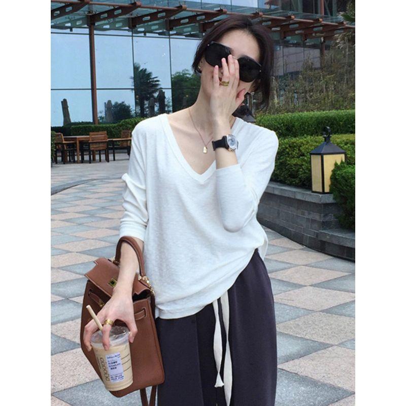 Dongdaemun Solid Color and V-neck Long Sleeves T-Shirt Women's Slub Cotton Easiest for Match Bottoming Shirt Spring Leisure Inner Wear Blouse Tide