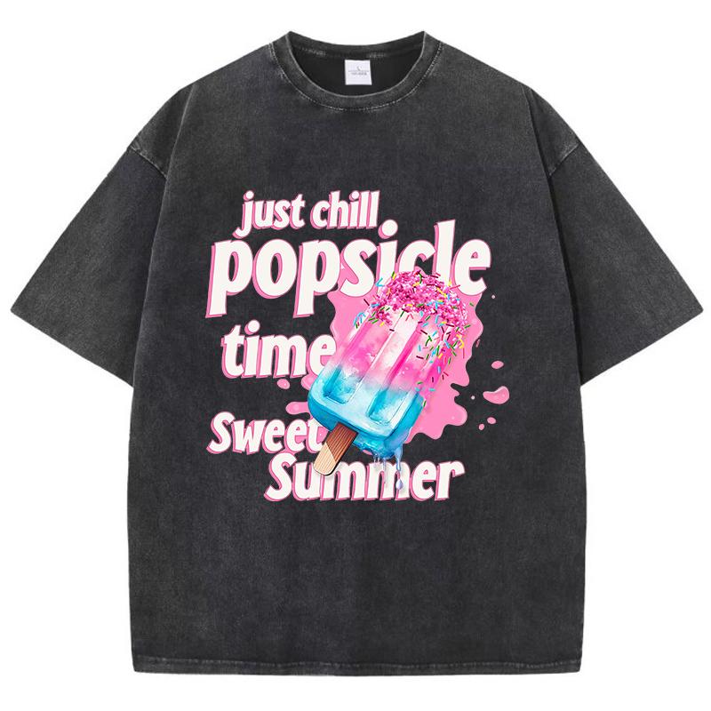 Just Chill Popsicle Time Sweet Summer Cotton Washed TShirt Women Oversize Tops Casual ONeck Distressed T Shirt Hip Hop Clothes S разноцветный