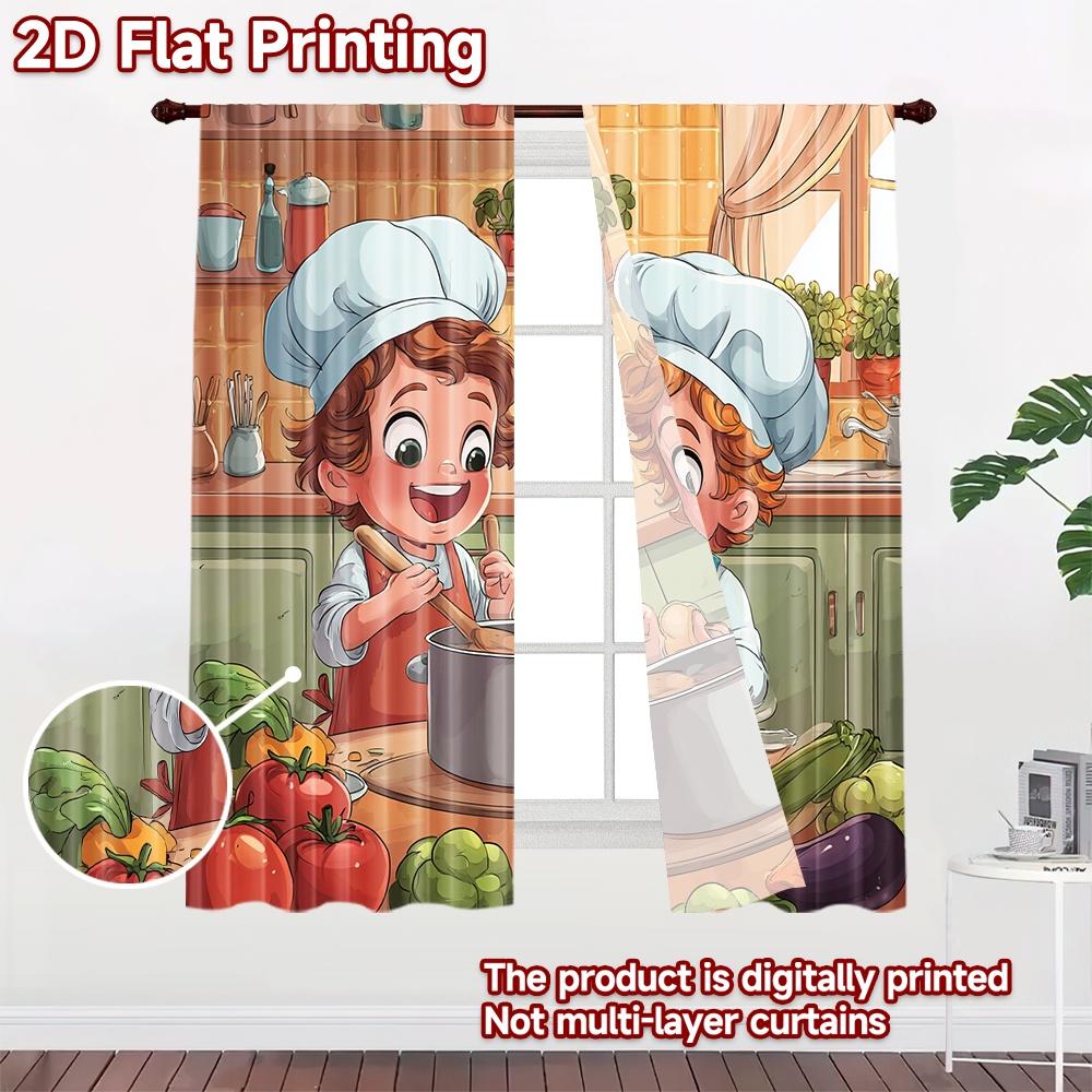 2D flat printing 2pcs Curtain Drapes Kids Cooking Together Digital Printed Polyester Drapes Festive Curtains for New Year