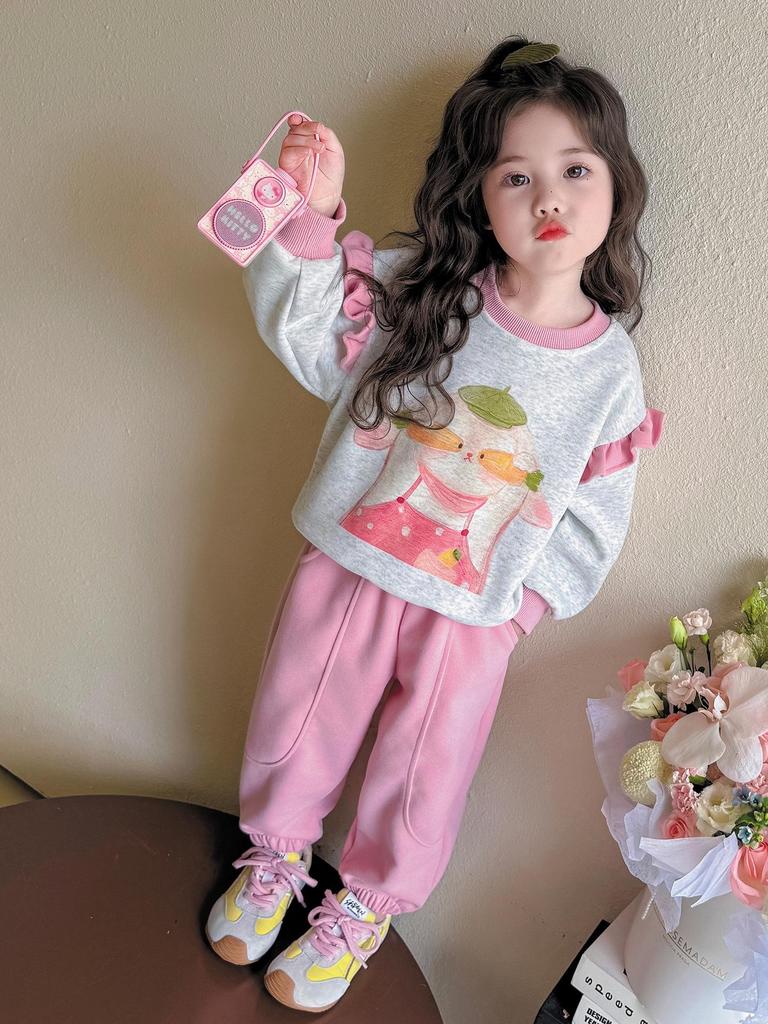 Girls' Sweet Cartoon Sweatshirt Set - Spring/Autumn Fashion Two-Piece Casual Outfit.