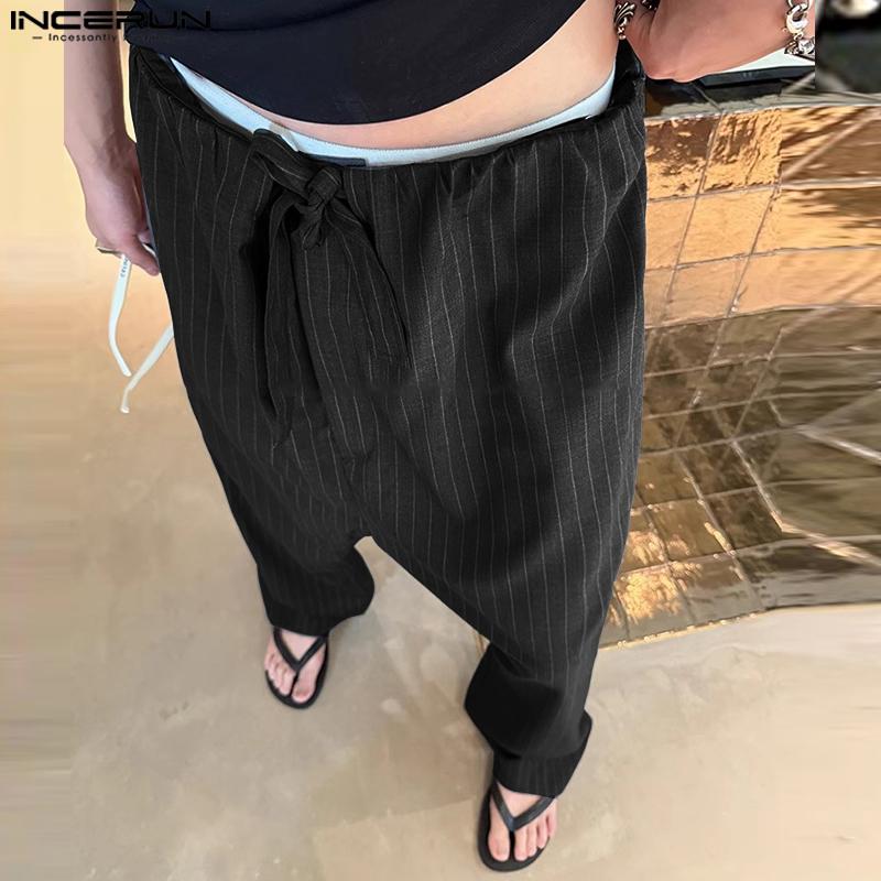INCERUN Men Drawstring Belt Waist Striped Casual Drop-crotch Pants Long Trousers