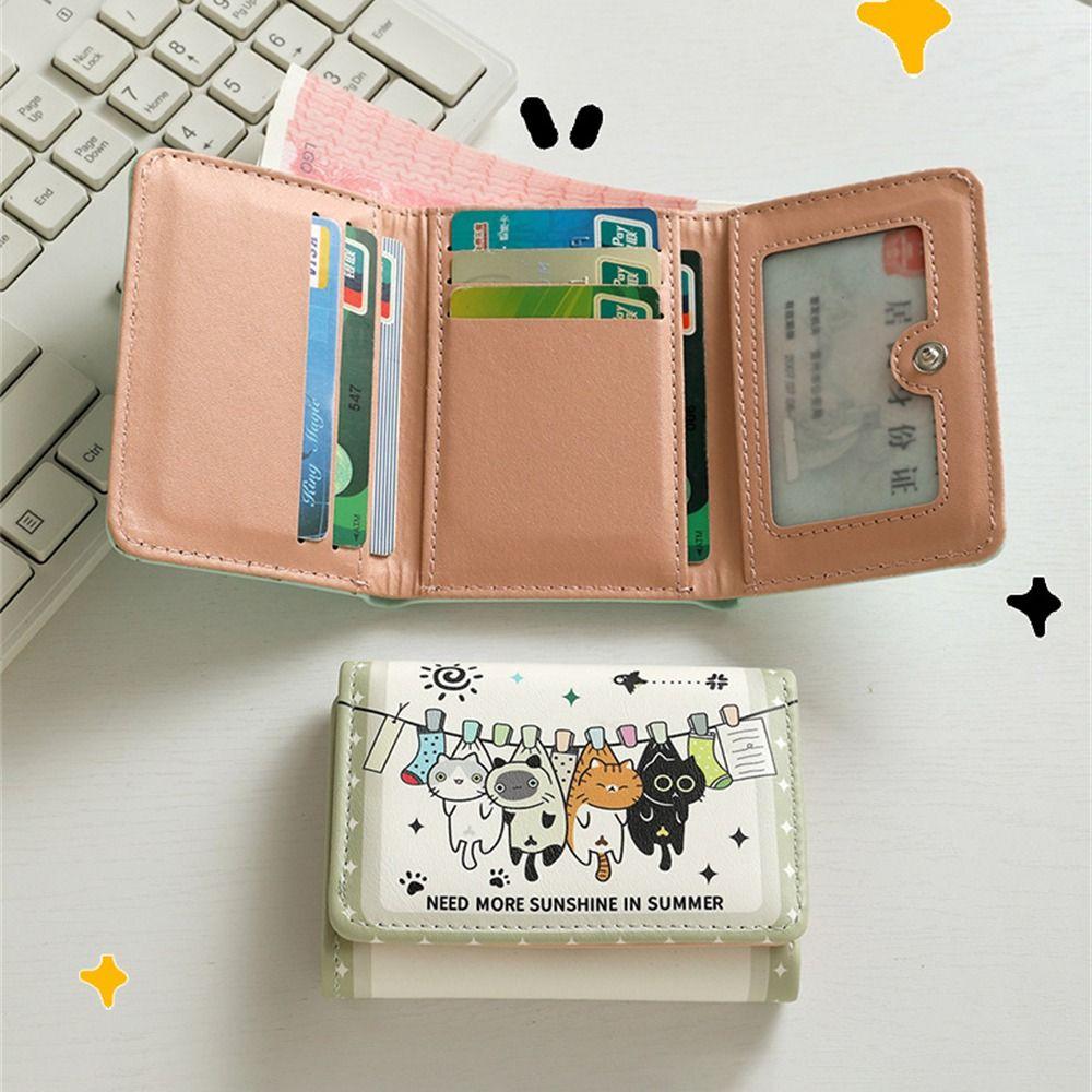 High Quality Triple Fold Short Wallets Small PU Leather Coin Purse Cute Cat Buckle Card Bags Girls Student