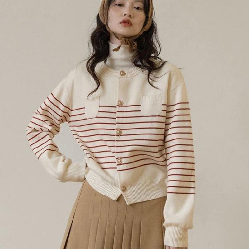 

Полосатый вязаный кардиган, винтажный французский свитер с круглым вырезом, пальто, женский топ, ранняя осень, короткий свитер с подкладкой, женский кардиган One Size красный