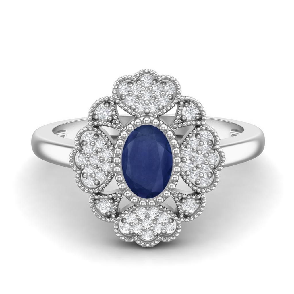 6X4 Mm Oval Blue Sapphire Designer Flower Engagement Women Wedding 925 Sterling Silver