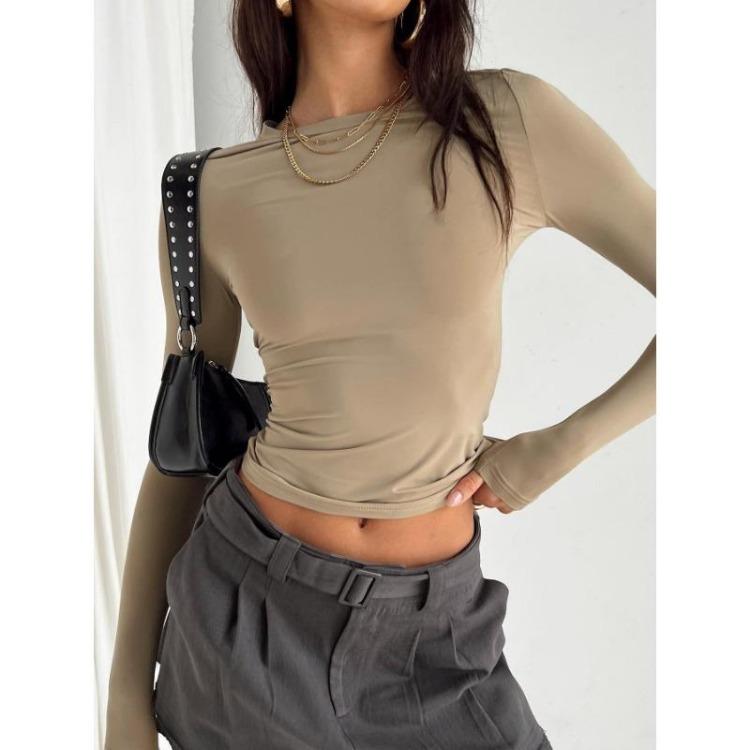 Women Slim Fit Long Sleeve Crop Top Casual Solid Color Basic Tee Streetwear Pullover Shirts for Spring Autumn Fashion