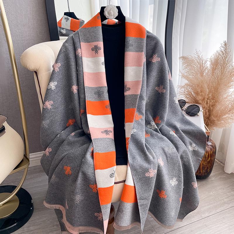 Nová módní včelí vzor Dámská žakárová pašmínová kašmírová šála Zimní tlustá hřejivá oboustranná přikrývka s kontrastní barvou