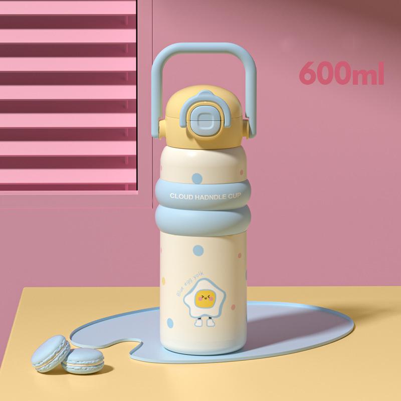 600ml Cartoon Vacuum Thermos Flask With Straw Portable Double Drink Adult Children Coffee Cups Thermal Water Bottle Drinkware