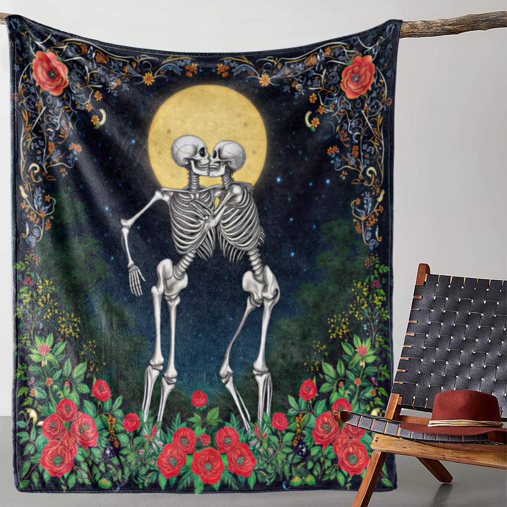 1pc Flannel Blanket: Romantic Moonlit Skull Couple 2D Print, Warm & Soft Throw for Sofa, Bed, Car, Office, Camping, and Travel –
