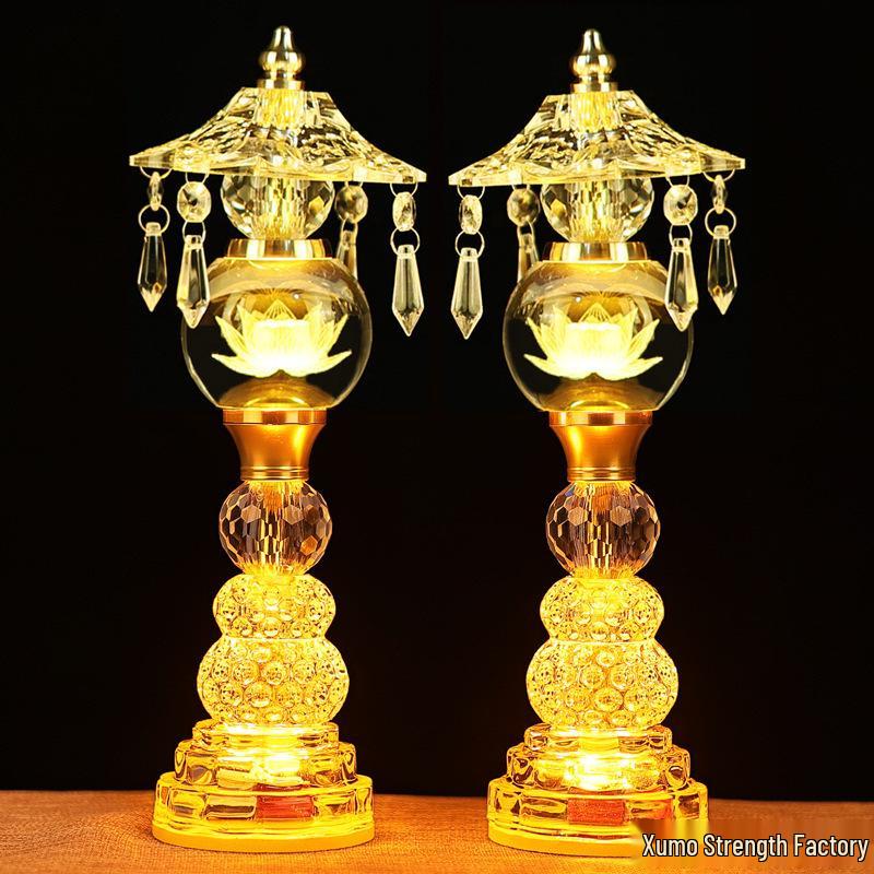Buddha Altar Seven-Color Crystal Lotus Lamp, Plug-in Pair for Year of the Horse