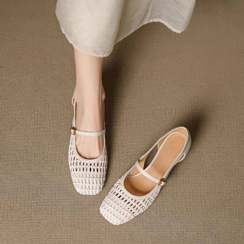 Summer Block Heel Woven Cutout Wrapped Toe Sandals Women's Square Toe Shallow Mouth One Strap Kitten Heel Mary Jane Shoes