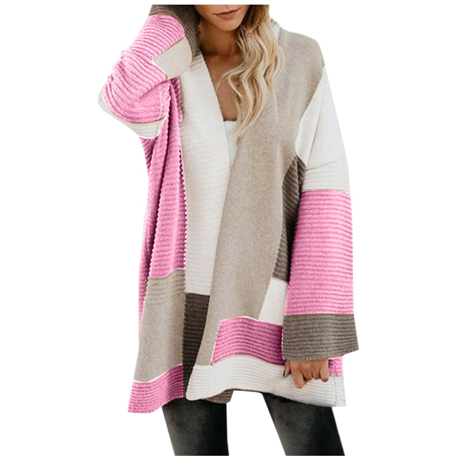 

Женская мода Повседневный открытый спереди Длинный рукав Кардиганы крупной вязки Свитера Верхняя одежда Пальто M розовый