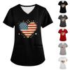 Tallas Grandes Tops de Uniforme de Trabajo Estampados para Mujer Cuello en V Cruzado Estampado del Día de la Independencia Manga Corta Camisetas Divertidas Ropa de Trabajo Camiseta con Bolsillos