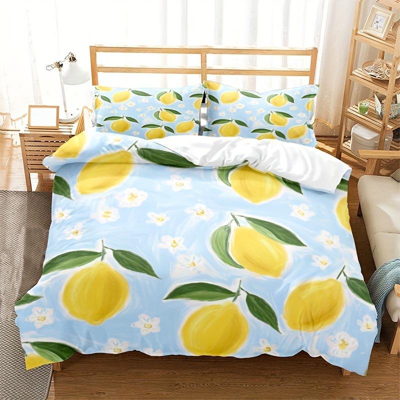 

Lemon Duvet Cover, Fresh Tropical Fruit Bedding Set, Lemon Flower Bedroom Decoration Three-Piece Set EU single 135*200