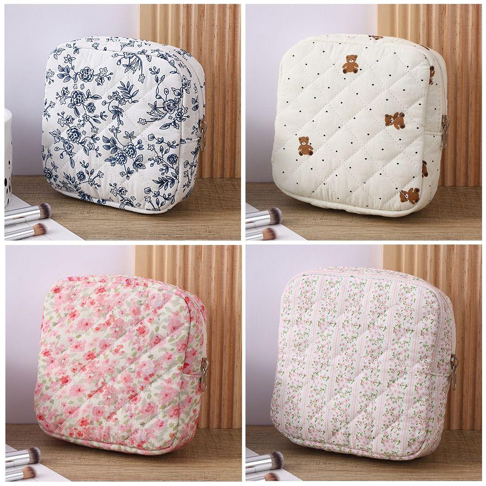 Cute Quilted Sanitary Napkin Organizer Bag Cotton Large Capacity Women's Mini Clutch Bag Zipper Keychain Earphone Coin Purse