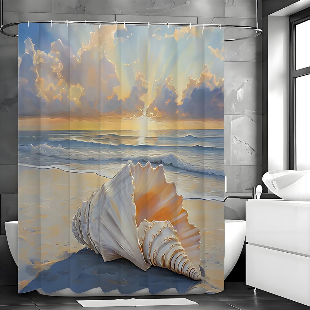 Ocean Shell Shower Curtain, Ocean Beach Shell Sunset Bathroom Decorative Shower Curtain, Waterproof Shower Curtain with Hooks