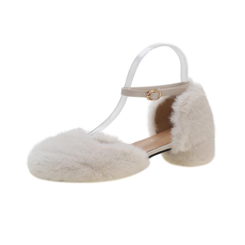 Fashion Luxury Manmade Mink Fur Sandals Woman Elegant White Furry Ankle Strap Pumps Ladies Evening Party High Heel Plush Dress Shoes
