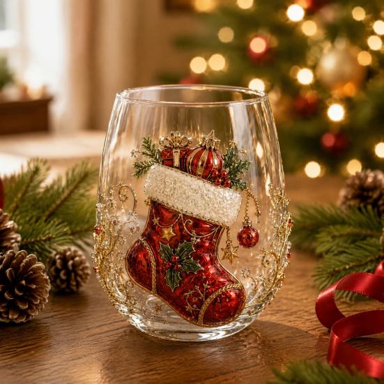 Retro-Stil Feiertagsgeschirr Weihnachts-Glaskunstbecher mit Löffel, Klassischer handbemalter Borosilikat-Design-Becher mit Weihnachtsmann, Rentier, Schneemann, Glasware