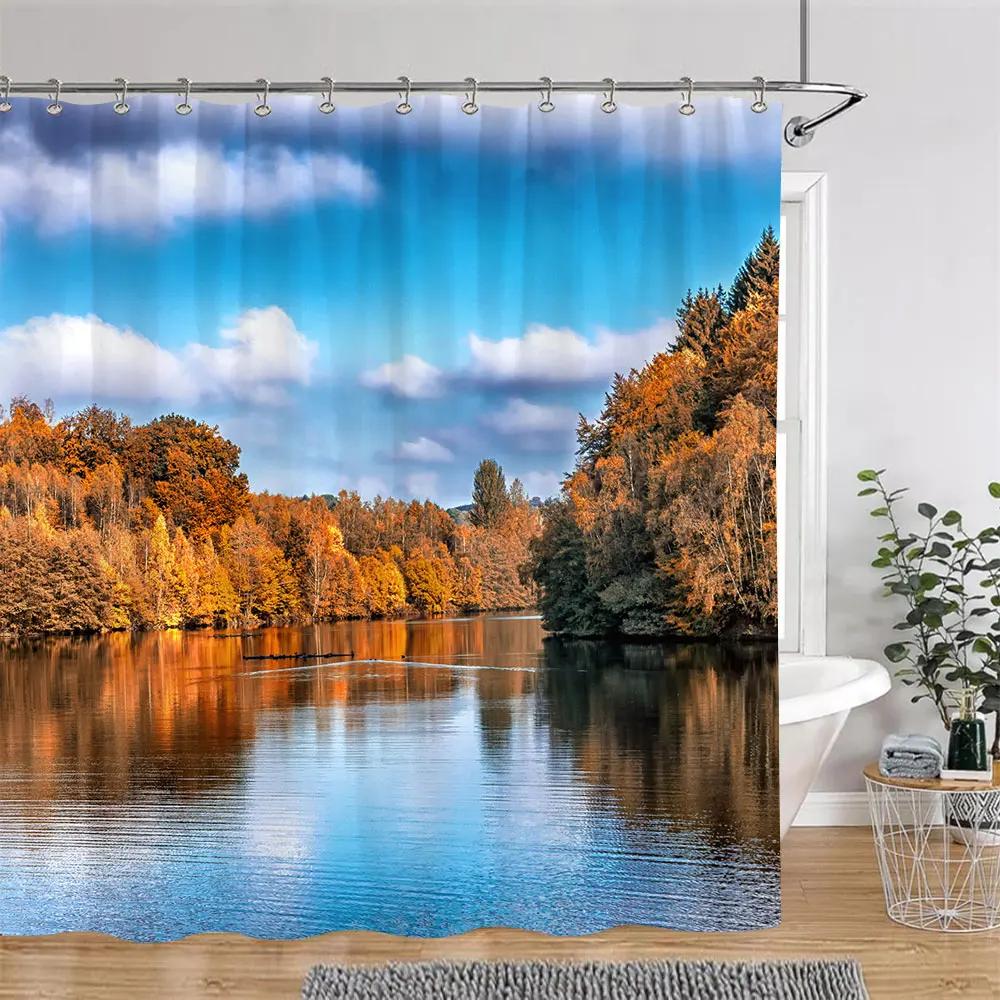 Beautiful Autumn Landscape Shower Curtain Forest Lake Fire Red Golden Leaves Nature Landscape Fabric Bath Curtain Bathroom Decor