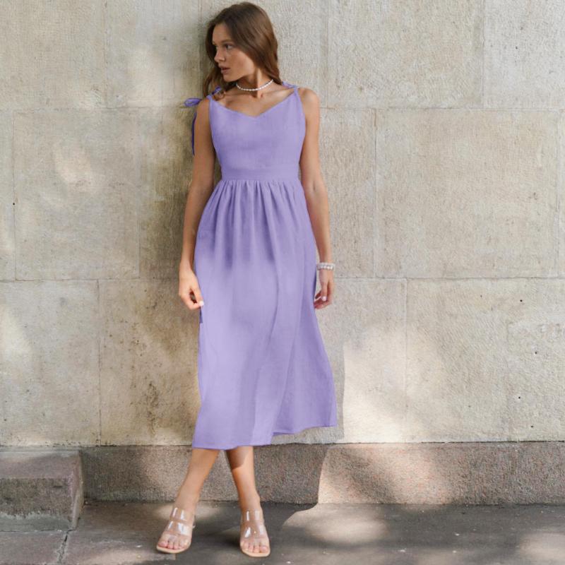 LYRIA French-style khaki cotton and linen breathable spaghetti-strap high-waisted dress, new European and American style, vacation style long dress