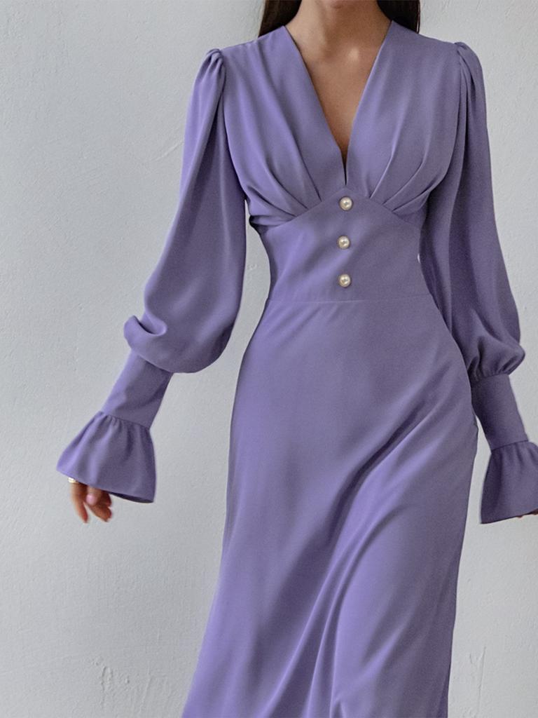 V-neck Slim Fit Women's Dress Chiffon A-line Dress