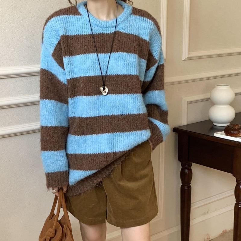 Contrasting color striped knitted sweater women's autumn and winter new lazy style casual soft waxy round neck large size thick pullover sweater