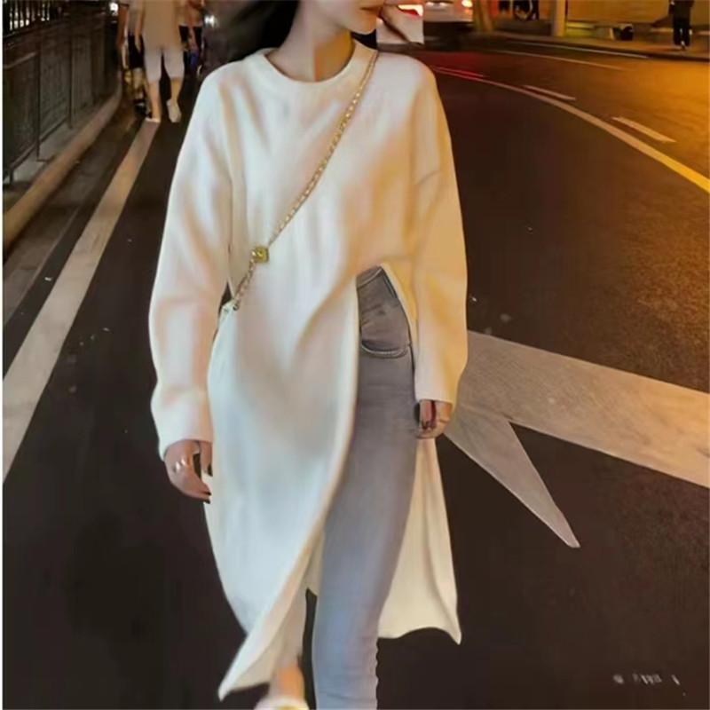 

Платье женское осенне-зимнее новое корейское модное круглое воротничковое свободное ленивое трикотажное среднее и длинное разрезное свитер юбка верхняя одежда One size бежевый