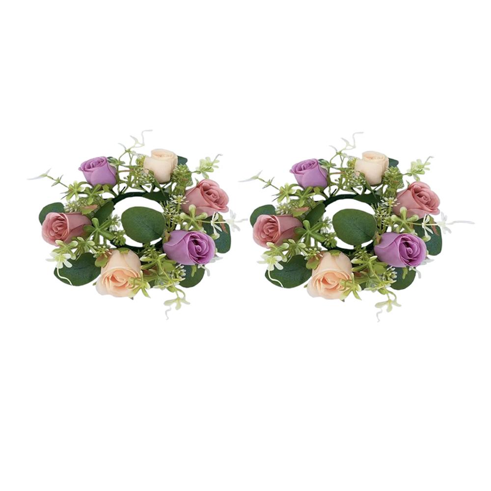 2pcs Artificial Garland with Candlestick Centerpieces, Rose Candle Wreath, Tea Light Candle Holders, Artificial Plant Wreath