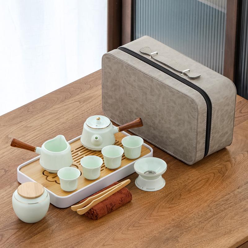 Jade Green Travel Tea Set: One Pot, Four Cups, with Wooden Side Handle and Tea Caddy.